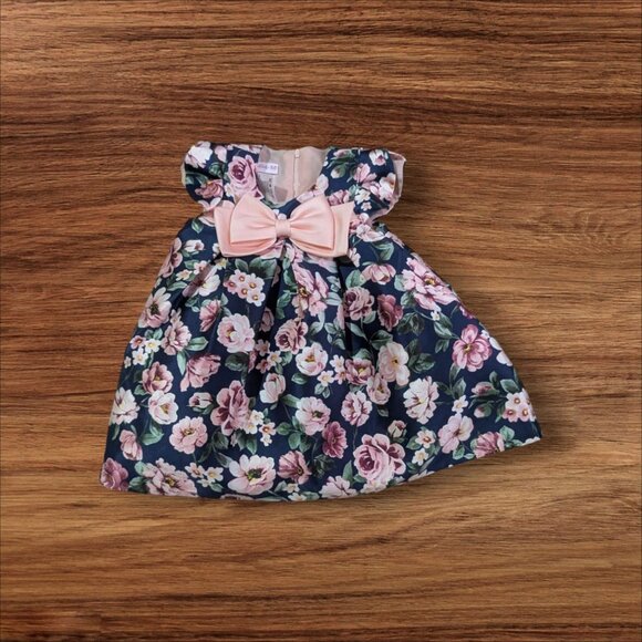 Bonnie Baby Navy Floral Dress W/ Pink Bow Ruffle Sleeves 12M Toddler - Picture 3 of 8